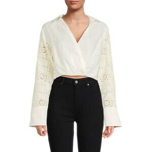 ALC Mason Collared Eyelet Embroidered Linen Wrap Crop Top White Womens Size 00